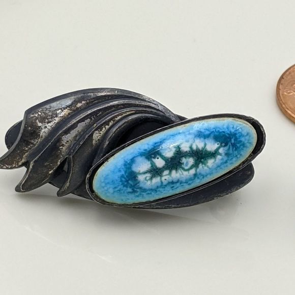 Vintage Blue Green Dark Silver Wing Clip Earrings - Picture 4 of 10